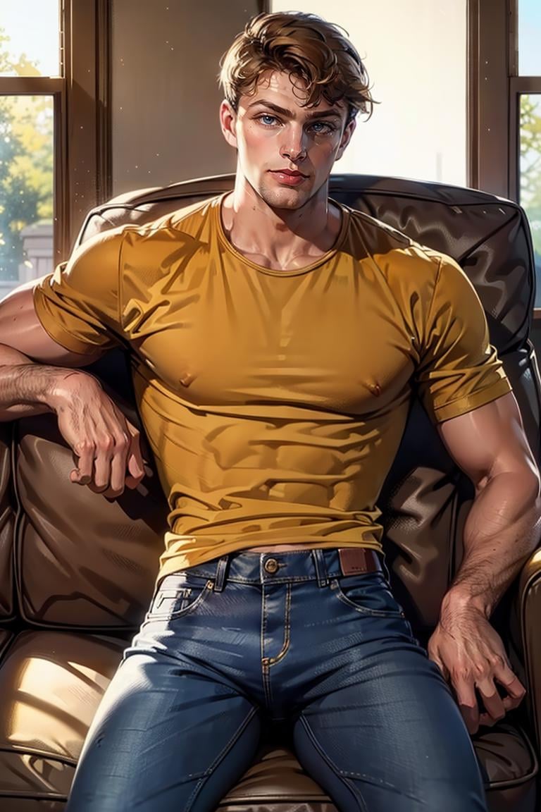 1guy, (yellow t-shirt), denim pants, short hair, muscular:1.3, , sitting,smirk, brown hair, medium hair, at the couch, seducing, looking to viewer, natural lighting, detailed face, detailed eyes, masterpiece, high_res, perfect face, , High detailed, mattrh<lora:EMS-321927-EMS:1.000000>