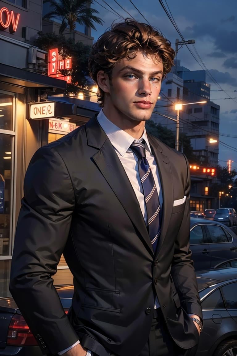 photo of person, man, smirk, (muscular), parking lot, dress shirt, pants, curly hair, suit, work clothes, looking to viewer, night club, party, cinematic lighting, detailed face, detailed eyes, masterpiece, high_res, perfect face<lora:EMS-321927-EMS:1.000000>