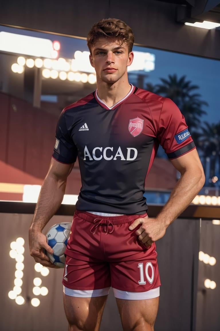 photo of person, man, serious,((soccer jersey, soccer shorts)), athletic body, pink shorts, looking to viewer, ((muscular:1.4)),hairy legs, smirk,, cinematic lighting, detailed face, detailed eyes, masterpiece, high_res, ((cowboy shot )), perfect face, at the nightclub, mattrh<lora:EMS-321927-EMS:1.000000>