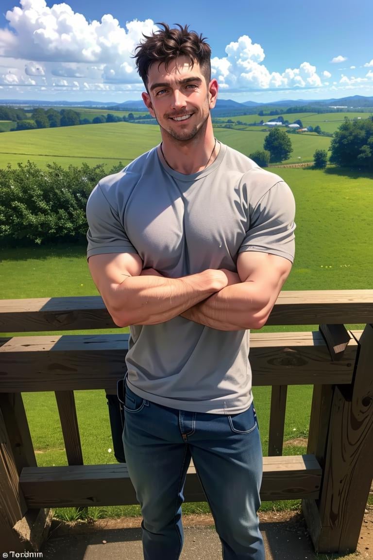 (masterpiece, best quality:1.2), man, smirk, crossed arms, stubble,(depth of field:1.1), , photo of person, plaid shirt, denin pants, standing, at the farm, view from above, ,masterpiece, highness, perfect face, perfect picture, detailed eyes, sharp focus, muscular,High detailed view,pixelart,High detailed<lora:EMS-90387-EMS:0.940000>