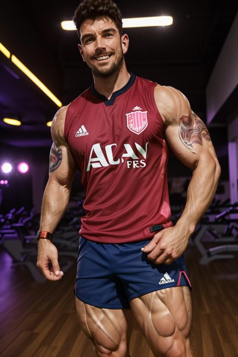 photo of person, man, serious,((soccer jersey, soccer shorts)), athletic body, pink shorts, looking to viewer, ((muscular:1.4)),hairy legs, smirk,, cinematic lighting, detailed face, detailed eyes, masterpiece, high_res, ((cowboy shot )), perfect face, at the nightclub, mattrh<lora:EMS-90387-EMS:1.000000>