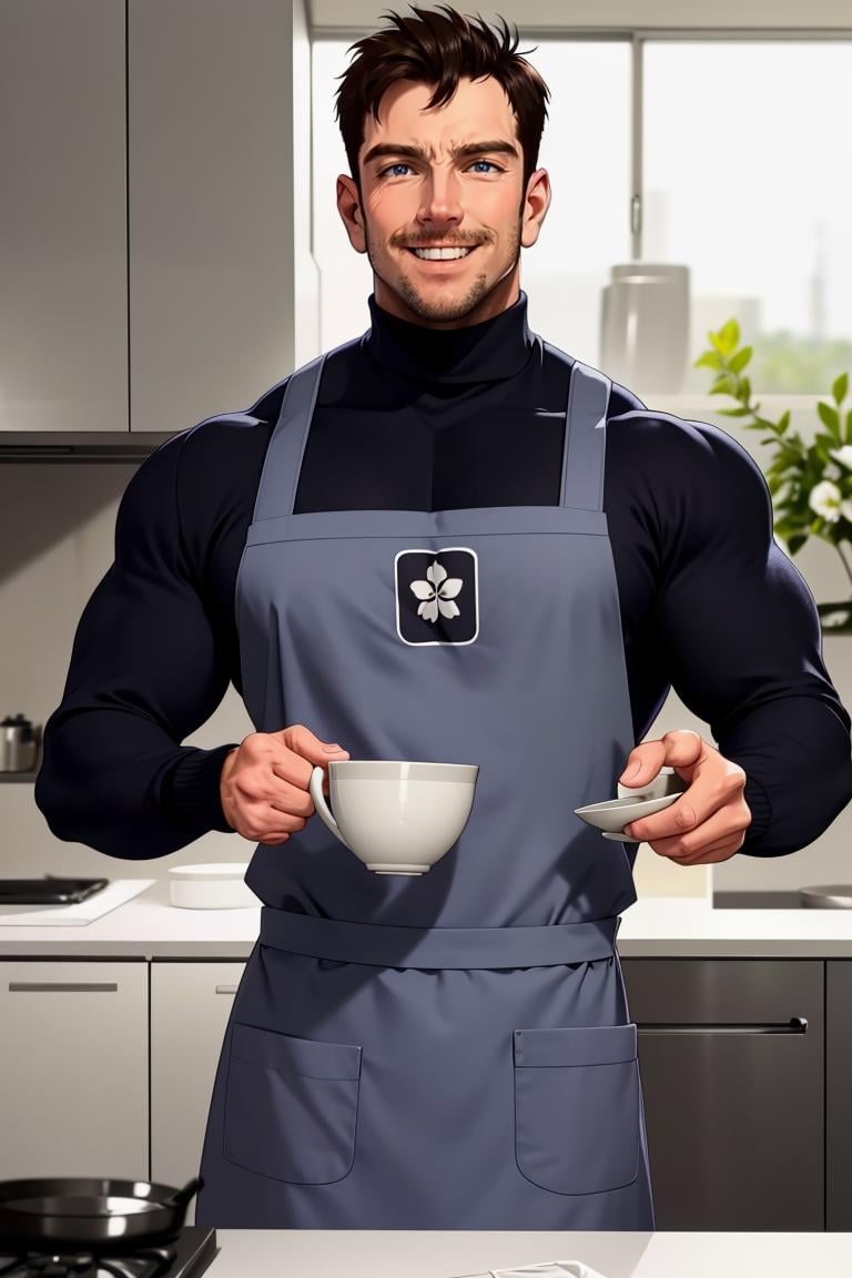 (masterpiece, best quality:1.2), man, smirk, (depth of field:1.1), photo of person, turtleneck shirt, apron, bara, kitchen,((medium shot)), holding cup of water, masterpiece, highness, perfect face, perfect picture, detailed eyes, sharp focus,High detailed view<lora:EMS-90387-EMS:1.000000>