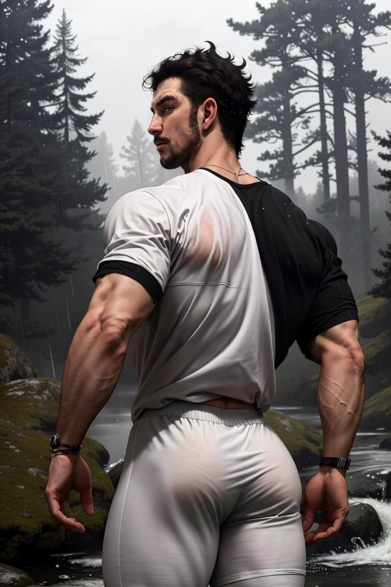 (masterpiece, best quality:1.2), man, solo, outdoors1.3,photo of person,, 1guy, medium hair, ((black t-shirt)), white leggins,(depth of field:1.1),((view from behind)), looking over shoulder, cowboy shot, white pants, at the forest, rain, masterpiece, highness, perfect face, perfect picture, detailed eyes, sharp focus<lora:EMS-8037-EMS:0.700000>, <lora:EMS-90387-EMS:0.950000>