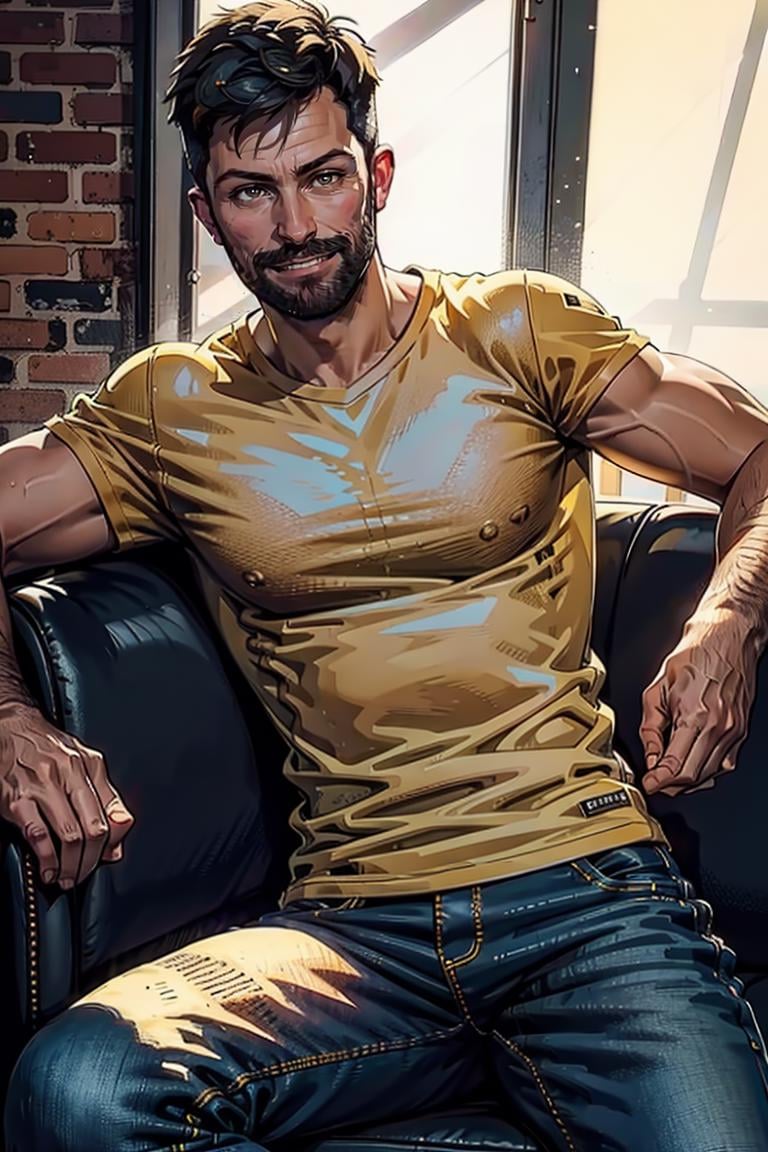 1guy, (yellow t-shirt), denim pants, muscular:1.3, , sitting, beard, messy hair, smirk, at the couch, seducing, looking to viewer, natural lighting, detailed face, detailed eyes, masterpiece, high_res, perfect face, , High detailed, mattrh<lora:EMS-312600-EMS:1.000000>