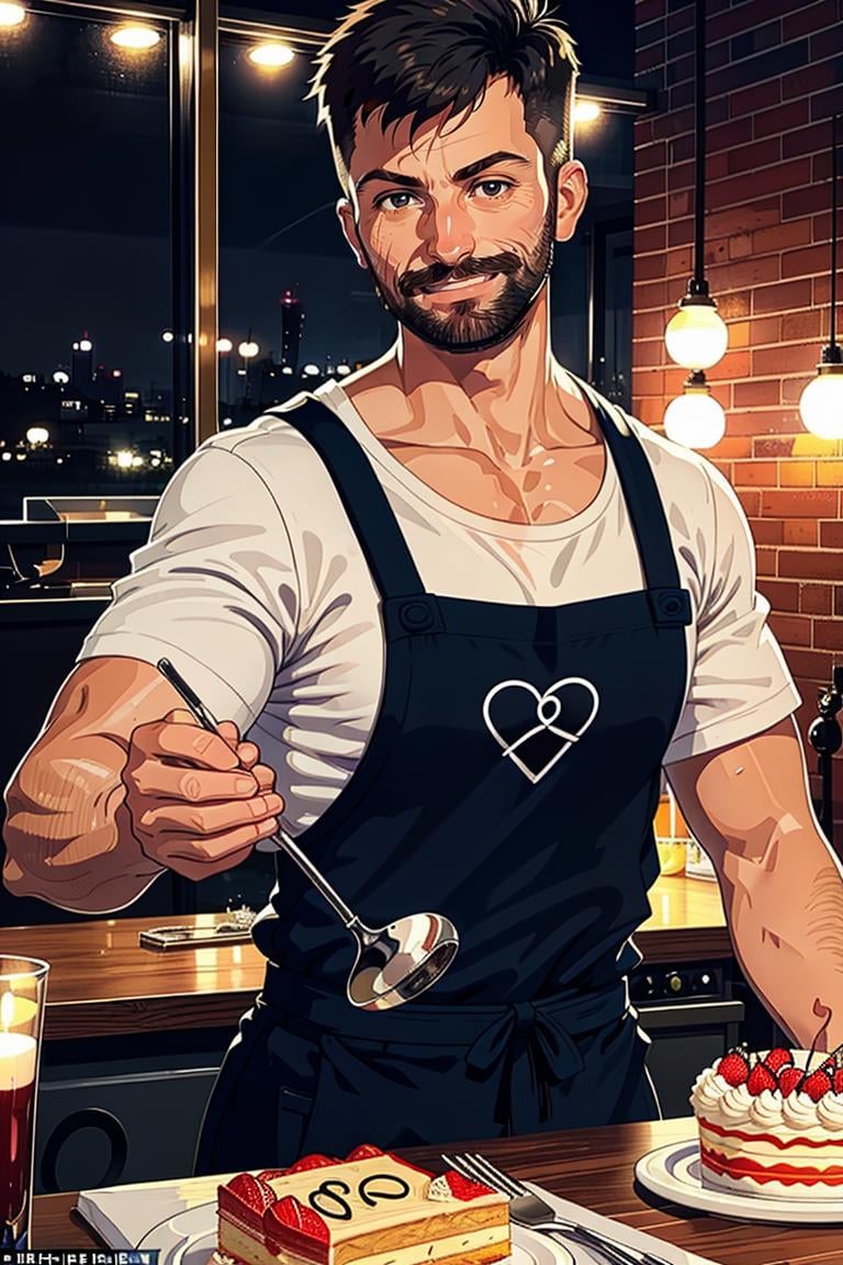 (masterpiece, best quality:1.2), man, smirk:1.4, (depth of field:1.1), , photo of person, at the kitchen, apron, birthday cake, shirt, romantic mood,night, masterpiece, highness, perfect face, perfect picture, detailed eyes, sharp focus, muscular,High detailed view,Apple_butt, beard<lora:EMS-312600-EMS:1.000000>