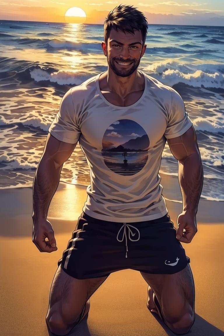 (masterpiece, best quality:1.2), smirk, muscular:1.3, (depth of field:1.1), photo of person, start print t-shirt, shorts, beach, kneeling, portrait, masterpiece, highness, perfect face, perfect picture, detailed eyes, sharp focus, sunset<lora:EMS-312600-EMS:1.000000>