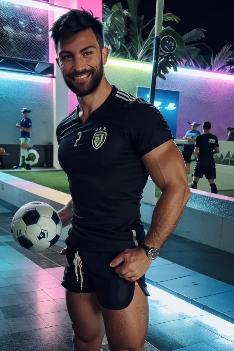 photo of person, man, serious,((soccer jersey, soccer shorts)), athletic body, pink shorts, looking to viewer, ((muscular:1.4)),hairy legs, smirk,, cinematic lighting, detailed face, detailed eyes, masterpiece, high_res, ((cowboy shot )), perfect face, at the nightclub, mattrh<lora:EMS-312600-EMS:1.000000>