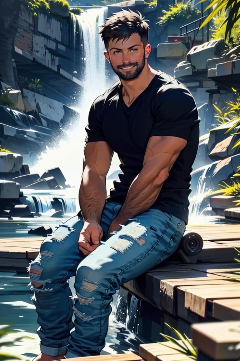 (masterpiece, best quality:1.2), man, smirk, (depth of field:1.1), , photo of person, plaid shirt, denin pants, stubble,sitting, waterfall, masterpiece, perfect face, perfect picture, detailed eyes, sharp focus, muscular<lora:EMS-3262-EMS:0.600000>, <lora:EMS-312600-EMS:1.000000>