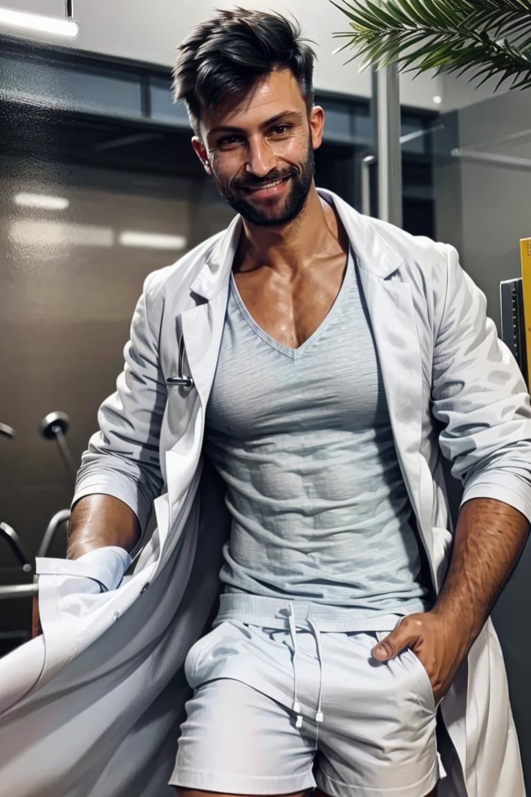 (masterpiece, best quality:1.2), man, facial hair, solo, 1boy, smirk, (depth of field:1.1), , photo of man, doctor, at the hospital, ((labcoat, dress shirt, white shorts,)) masterpiece, perfect face, perfect picture, detailed eyes, sharp focus,High detailed view,dark skin<lora:EMS-312600-EMS:1.000000>