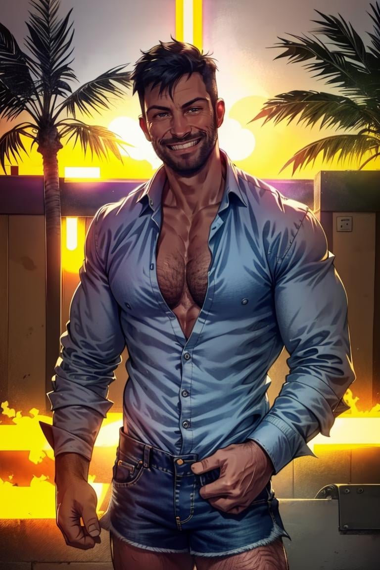 photo of person, man, smiling, ,((dress shirt)), denim shorts, looking to viewer, slim, hairy chest, smirk,, cinematic lighting, detailed face, detailed eyes, masterpiece, high_res, ((cowboy shot )), perfect face<lora:EMS-312600-EMS:1.000000>