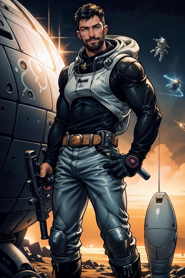 (masterpiece, best quality:1.2), photo of person, man, 1guy, solo, smirk, standing, (depth of field:1.1), , photo of person, ((spadex jumper, ,futuristic astronaut, boots, belt, )), hands on hips,holding gun, cowboy shot, standing, spaceship, masterpiece, highness, perfect face, perfect picture, detailed eyes, sharp focus, ,High detailed view,1guy<lora:EMS-312600-EMS:1.000000>