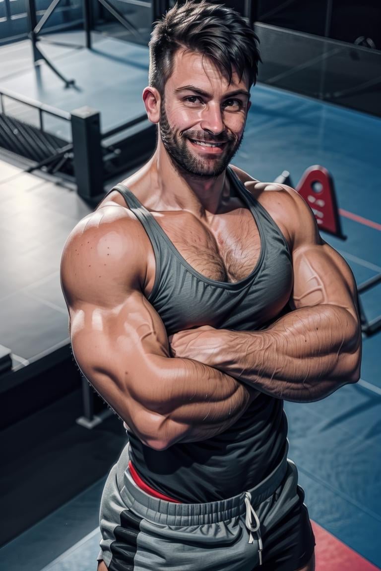 (masterpiece, best quality:1.2), man, facial hair, solo, 1boy, smirk, beard, (depth of field:1.1), , photo of man, wrestling singlet, crossed arms ,medium shot, arena, masterpiece, view from above, highness, perfect face, perfect picture, detailed eyes, sharp focus,High detailed view<lora:EMS-312600-EMS:0.940000>