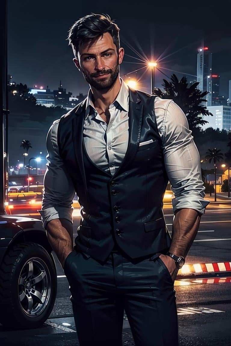 photo of person, man, smirk, (muscular:1.1), parking lot, dress shirt, pants, suit, work clothes, looking to viewer, cinematic lighting, detailed face, detailed eyes, masterpiece, high_res, perfect face<lora:EMS-312600-EMS:1.000000>