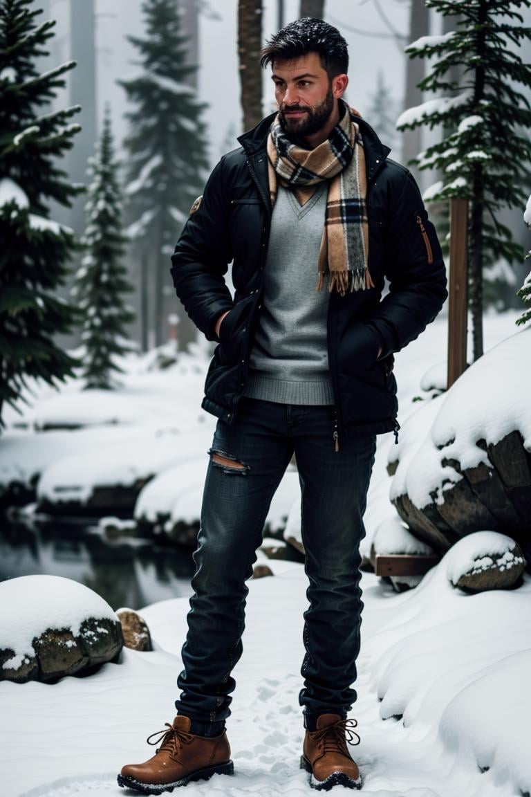 (masterpiece, best quality:1.2), photo of person, man, smirk, standing, thick legs, (depth of field:1.1), , photo of person, ((winter jacket, scarf, sweater, pants,)), hands on hips, cowboy shot, standing, winter, mountain, pinetrees, snowflakes, masterpiece, highness, perfect face, perfect picture, detailed eyes, sharp focus, ,High detailed view, beard<lora:EMS-312600-EMS:1.000000>