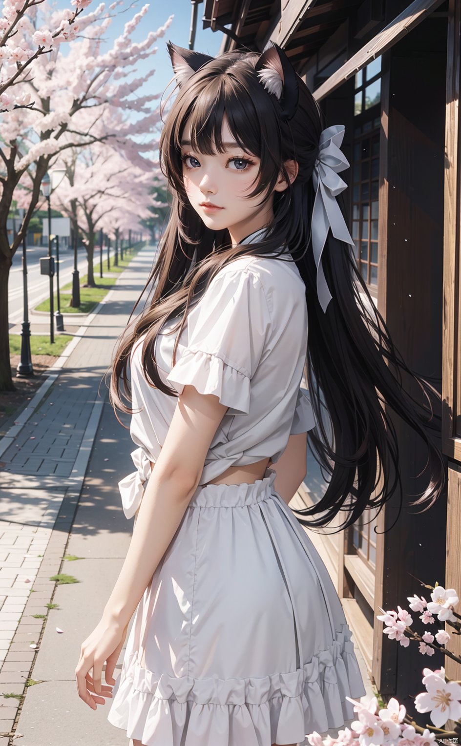 masterpiece,8k,best quality,1girl,solo,(depth of field),bowknot,long hair,light,Volumetric Lighting,cat ears,outdoors,sakura