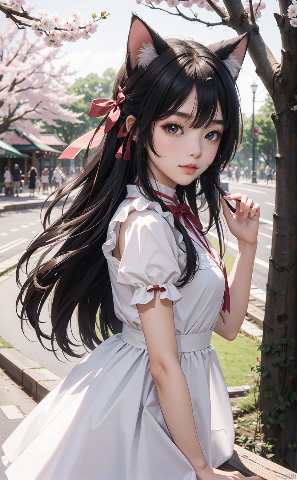 masterpiece,8k,best quality,1girl,solo,(depth of field),bowknot,long hair,light,Volumetric Lighting,cat ears,outdoors,sakura