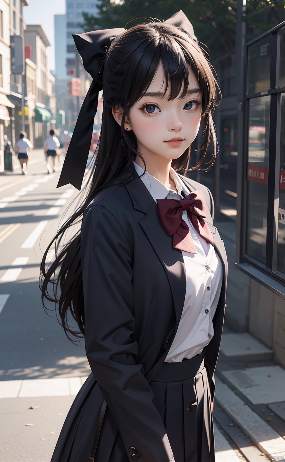 masterpiece,8k,best quality,1girl,solo,(depth of field),bowknot,long hair,light,Volumetric Lighting,outdoors,school uniform