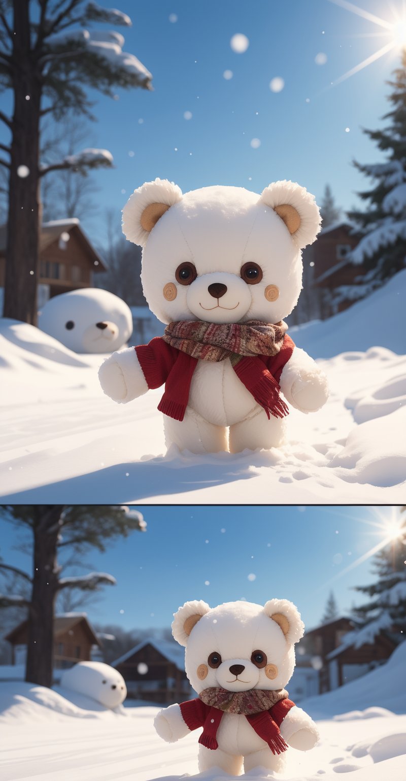 "Her Body is a Winter Wonderland" by Satori Canton🧸, ice world, multiple images in one art, skiers, cute and adorable white plush fluffy chibi-style teddy bears playing in the snow, art in the style of [Disney | Craola | Don Bluth], complex scene, complex background, intricate details, snow, ice, crystals, winter playground, by Satori Canton