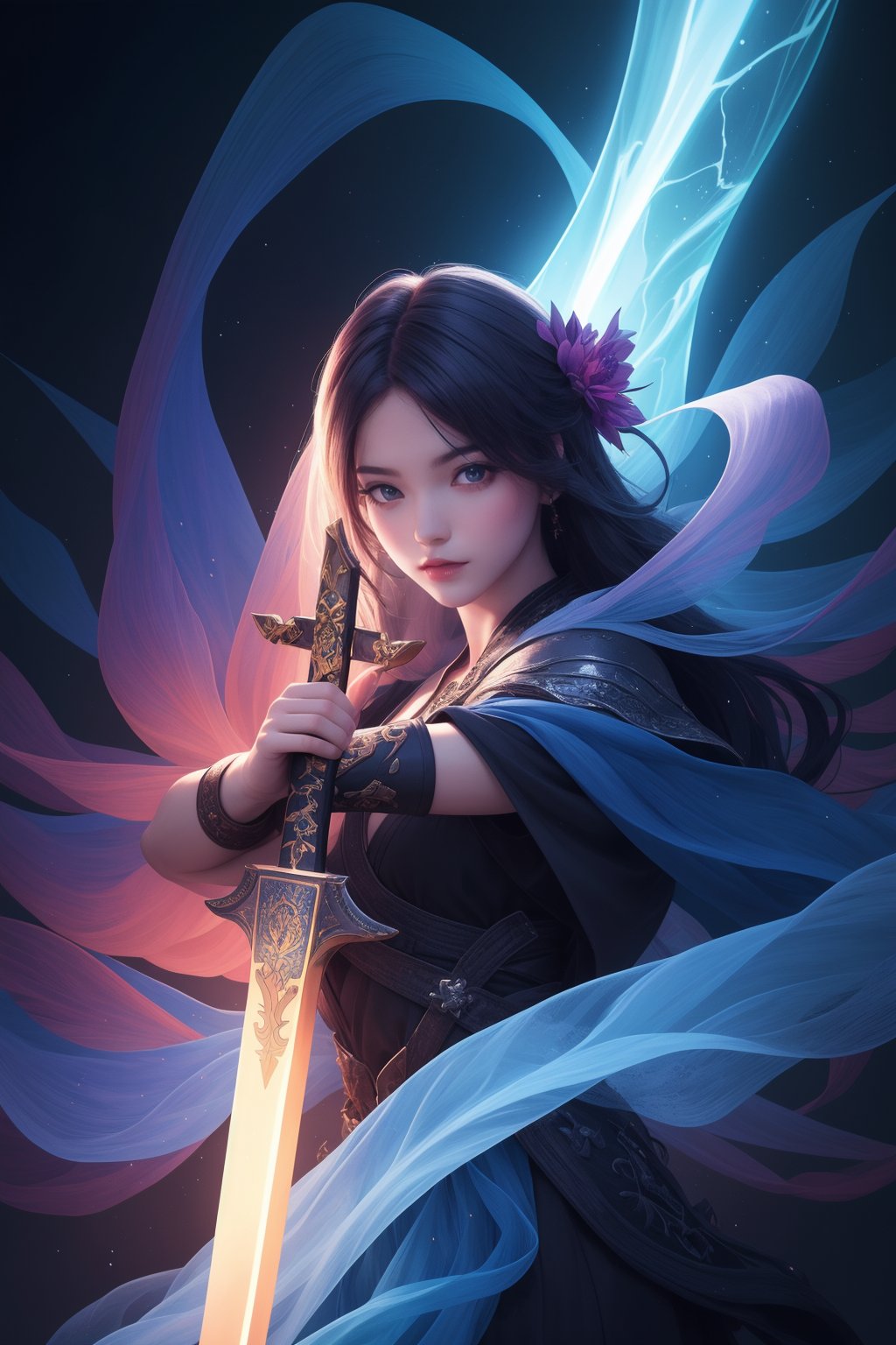 ((masterpiece, best quality)),a girl holding a sword, in the style of dark azure and light azure, mixes realistic and fantastical elements, vibrant manga, uhd image, glassy translucence, vibrant illustrations