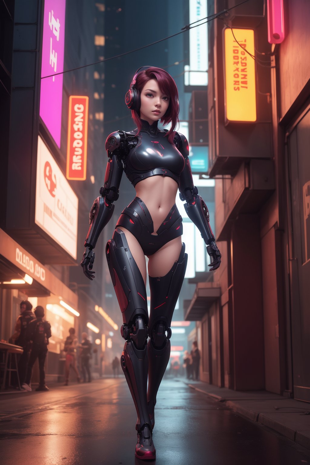 8k resolution, a masterpiece,hdr,ray tracing light, masterpiece,ultra detailled,ultra small detaills,photo-realistic,full body epic portrai, woman with headphones on, half cyborg half human,cyberpunk art, cgsociety contest winner, ultra detailled cyborg parts, black and red metal , intricate ornate anime cgi style, cute cyborg girl, cyberpunk photo,ultra tight sexy clothes,lot of mechanical parts,burgundy hair,neon lights reflection,exposed abdomen,sbg_imgs,  