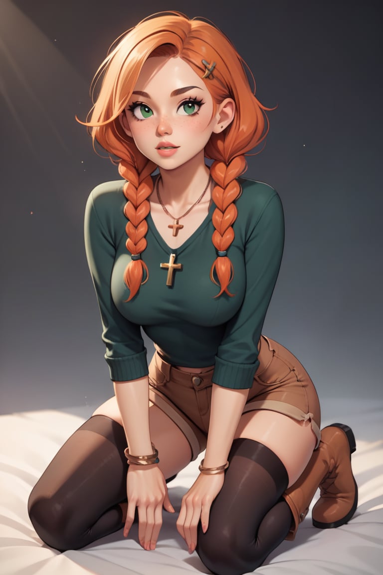 milfpeaches, score_9, score_8_up, score_8, wirish woman, natural red hair, braided twintails, braids, orange hair, green eyes, freckles, white skin, curvy, green sweater, long sleeves, long black boots, brown shirt, brown shorts, cross necklace hanging, (white skin), 1girl, solo, jewelry, bracelet, thighhighs, fellatrix style
BREAK
score_9, score_8_up, score_7_up, score_6_up, 