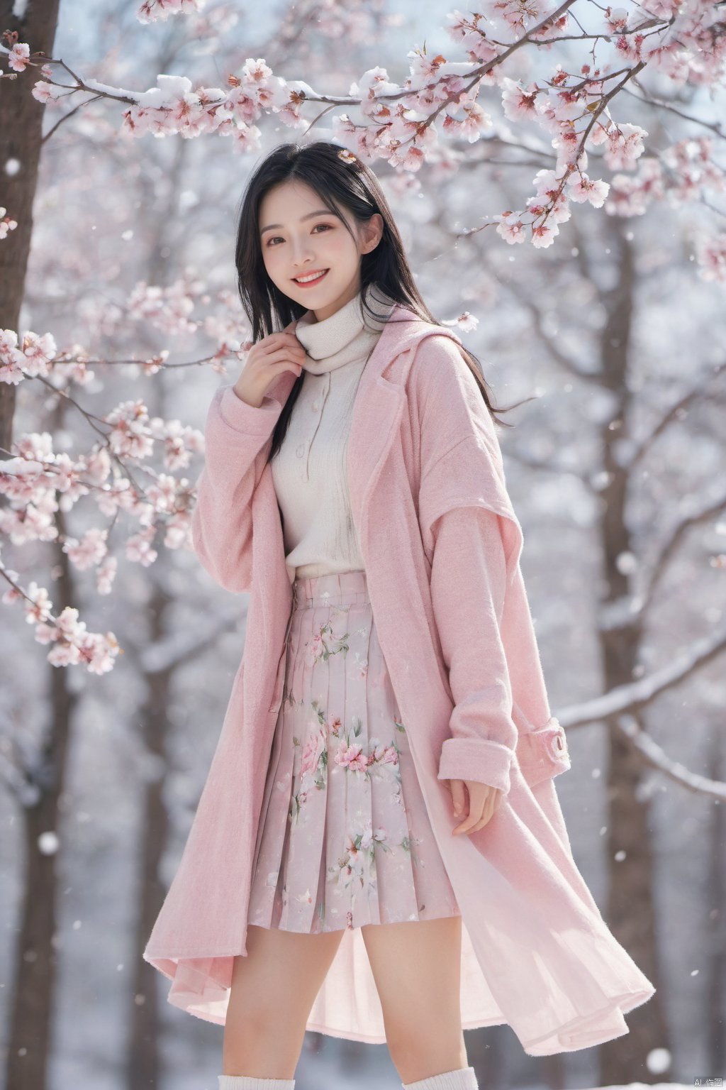  1 girl,Transparent skirt,pink face,stockings,(snow:1.2),(snowing:1.2),peach blossom,snow,solo,scarf,black hair,smile,long hair,bokeh,realistic,long coat,blurry, captivating gaze, embellished clothing, natural light, shallow depth of field, romantic setting, dreamy pastel color palette, whimsical details, captured on film,. (Original Photo, Best Quality), (Realistic, Photorealistic: 1.3), Clean, Masterpiece, Fine Detail, Masterpiece, Ultra Detailed, High Resolution, (Best Illustration), (Best Shadows), Complex, Bright light, modern clothing, (pastoral: 1.3), smiling,standing,(very very short skirt:1.5),knee socks,(white shoes: 1.4),long legs, forest, grassland,(view: 1.3), 21yo girl, striped, wangyushan, capricornus, 1girl, light master