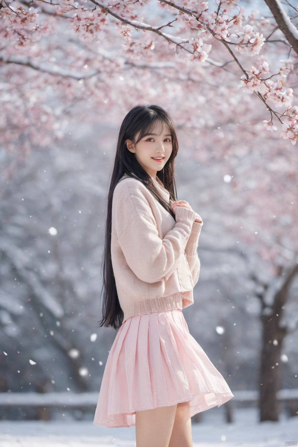  1 girl,Transparent skirt,pink face,stockings,(snow:1.2),(snowing:1.2),peach blossom,snow,solo,scarf,black hair,smile,long hair,bokeh,realistic,long coat,blurry, captivating gaze, embellished clothing, natural light, shallow depth of field, romantic setting, dreamy pastel color palette, whimsical details, captured on film,. (Original Photo, Best Quality), (Realistic, Photorealistic: 1.3), Clean, Masterpiece, Fine Detail, Masterpiece, Ultra Detailed, High Resolution, (Best Illustration), (Best Shadows), Complex, Bright light, modern clothing, (pastoral: 1.3), smiling,standing,(very very short skirt:1.5),knee socks,(white shoes: 1.4),long legs, forest, grassland,(view: 1.3), 21yo girl, striped, wangyushan, capricornus, 1girl, light master