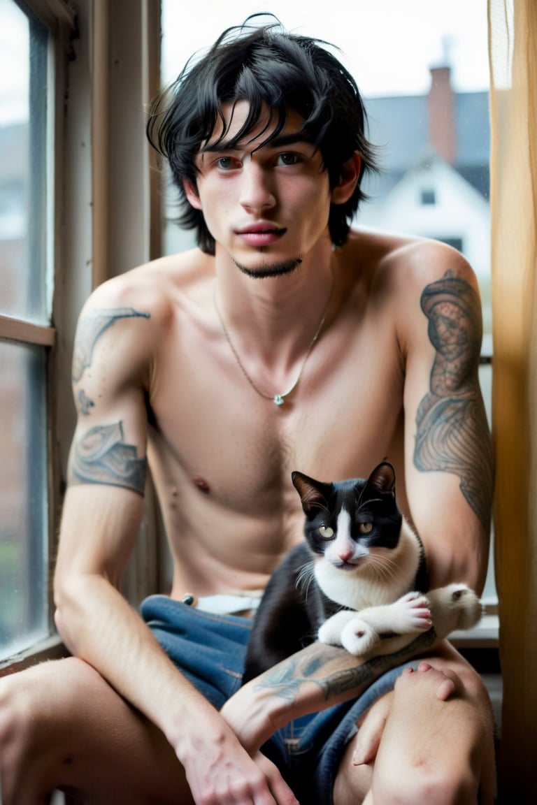 A young man (rugged, black hair, tattoos, sparce chest hair) sitting in a window holding a cat