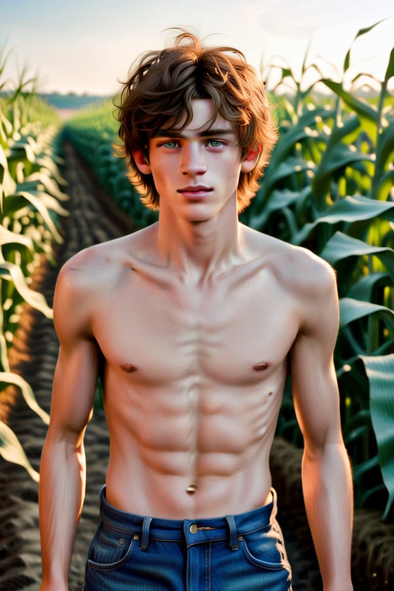 muscular 18yo boy, denim overall, no shirt, soft lighting, masterpiece, beautiful eyes, corn field, highly detailed hair and skin 