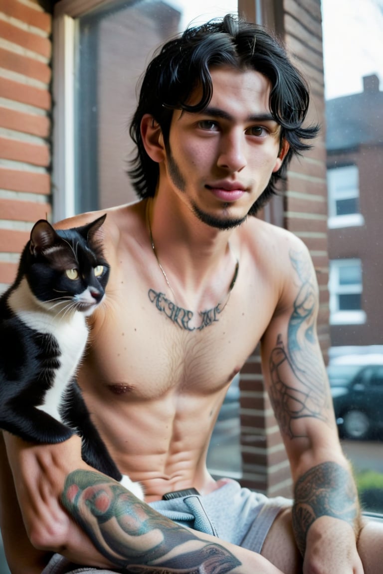 A young man (rugged, black hair, tattoos, sparce chest hair) sitting in a window holding a cat