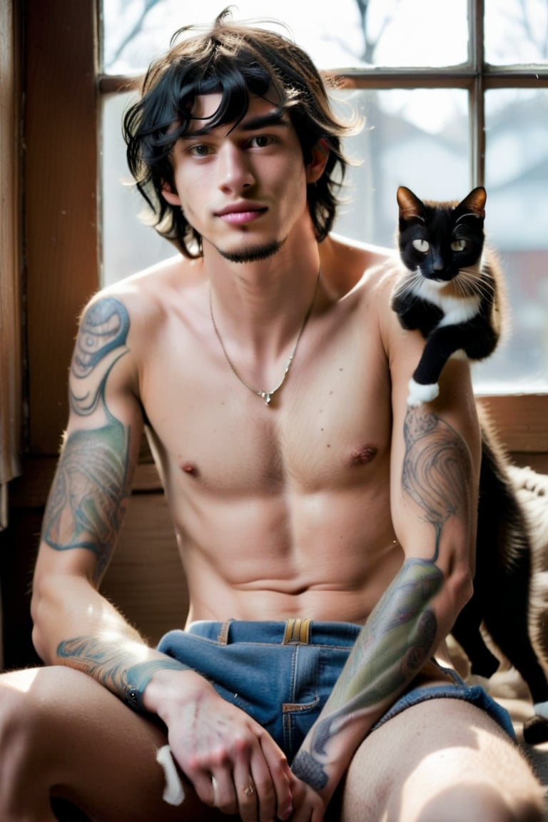 A young man (rugged, black hair, tattoos, sparce chest hair) sitting in a window holding a cat