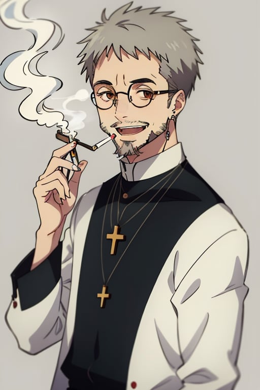 solo, looking at viewer, smile, short hair, open mouth, simple background, long sleeves, 1boy, white background, holding, brown eyes, jewelry, grey hair, male focus, glasses, teeth, necklace, facial hair, cross, beard, smoke, cigarette, round eyewear, smoking, cross necklace, old, priest