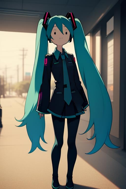 <lora:avt-10:1>, avt, hatsune miku, full body, skinny, detailed background, masterpiece, best quality