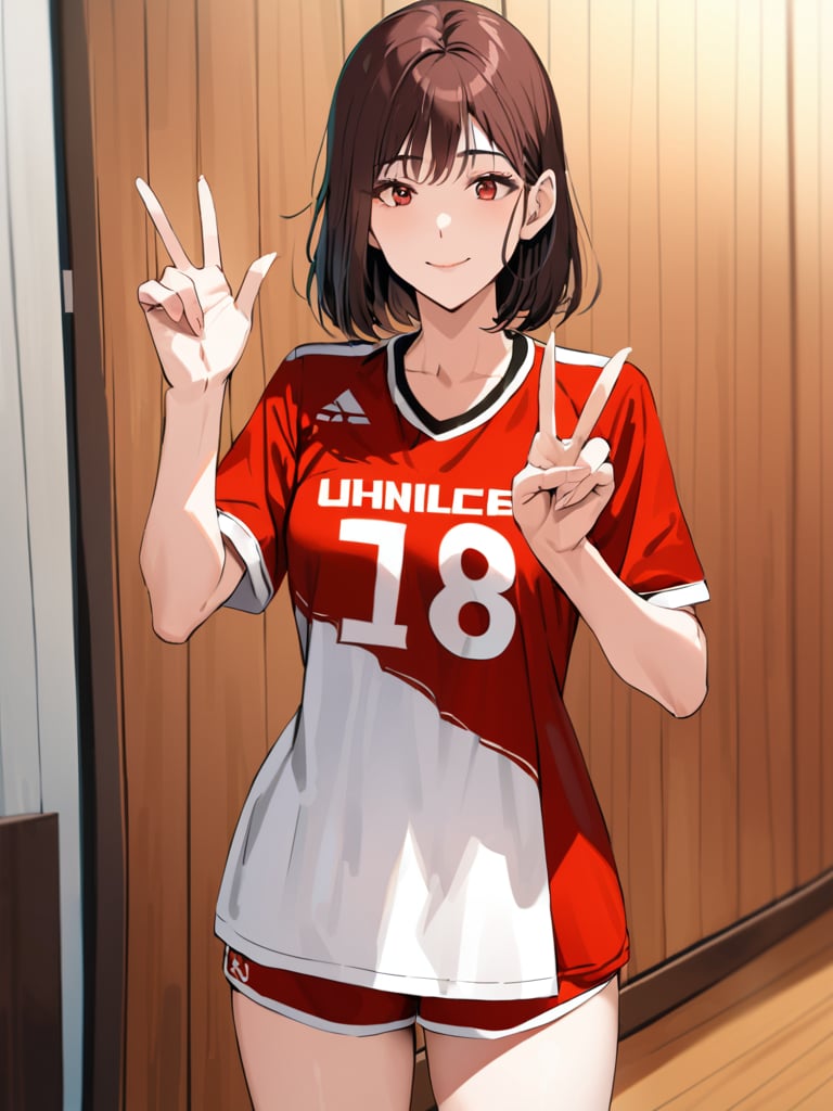 haruk0akagi, red basketball uniform, hand peace sign, wood floor, gymnasium, cowboy shot, facing foward, masterpiece, ultra high resolution, best quality, 1080p