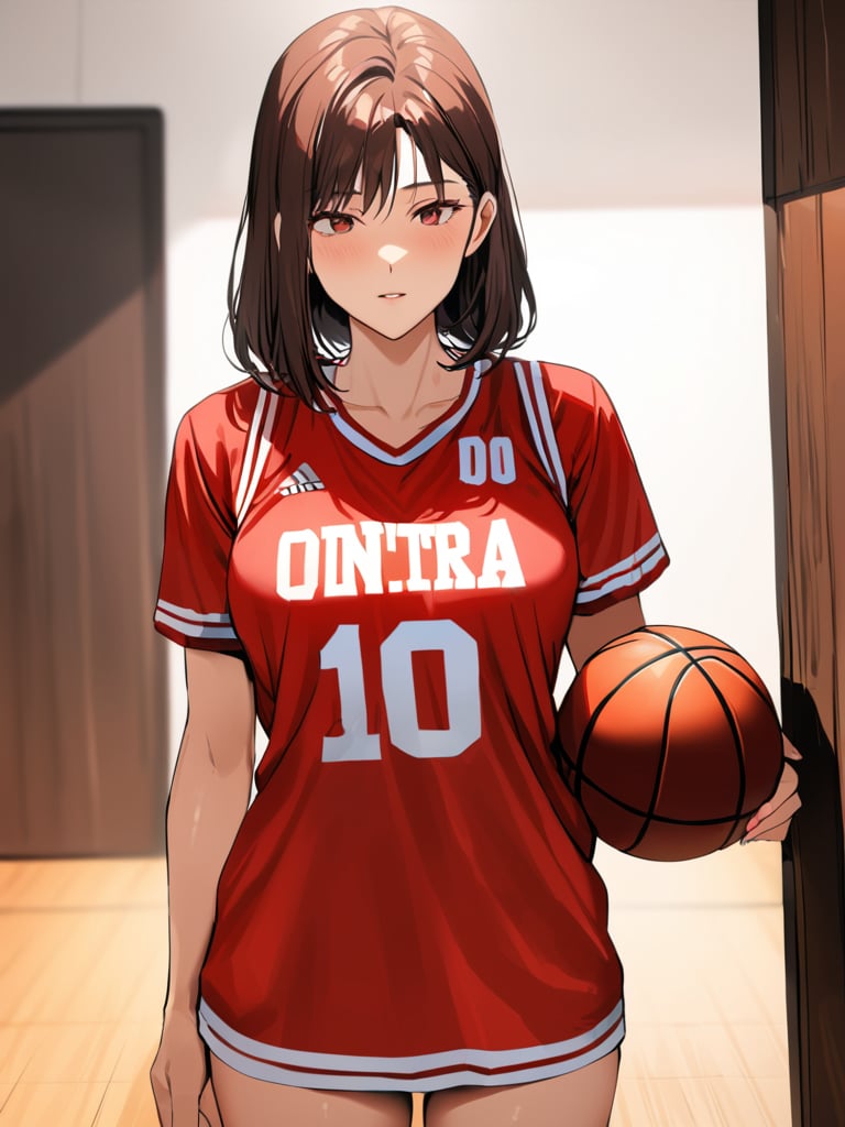 haruk0akagi, red basketball jersey, holding basketball next to hip, wood floor, gymnasium, cowboy shot, facing foward, masterpiece, ultra high resolution, best quality, 1080p