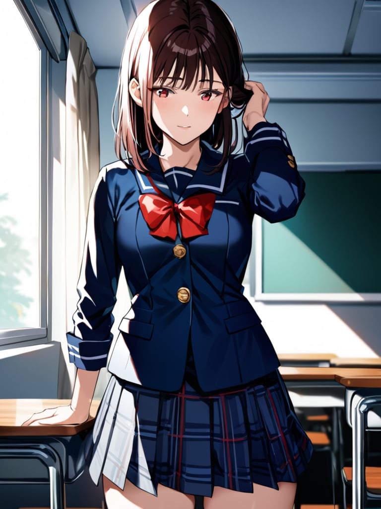 haruk0akagi, red bow, scrunchie, hand adjusting hair, blue school uniform, leaning, classroom, cowboy shot, facing foward, masterpiece, ultra high resolution, best quality, 1080p