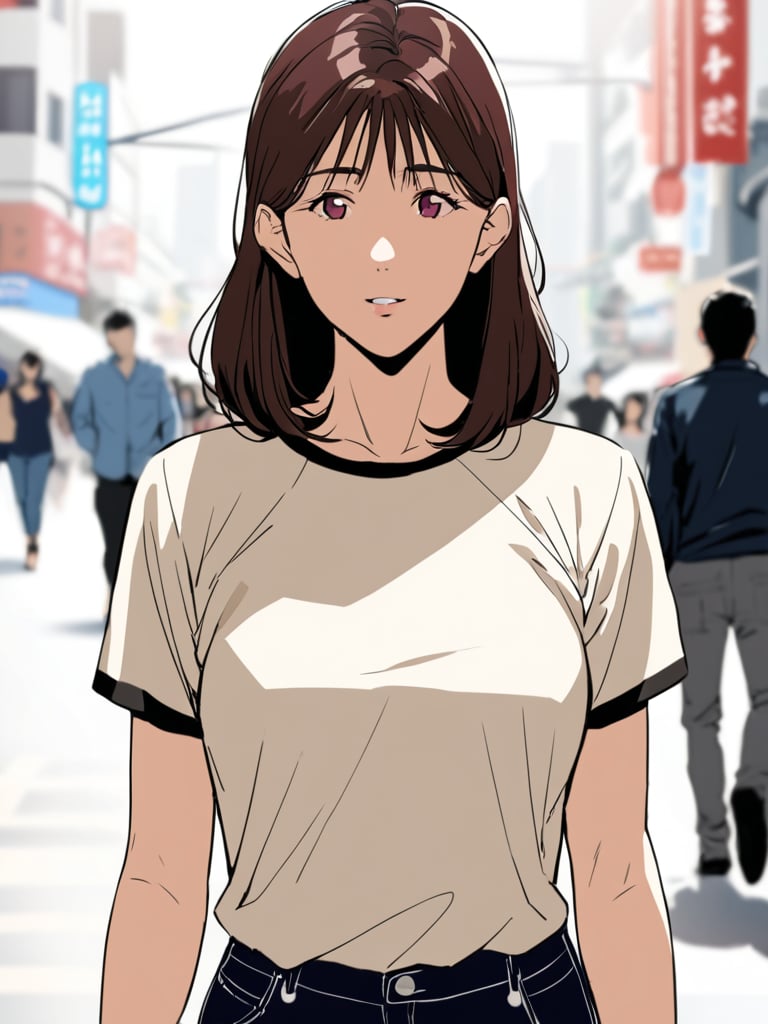 haruk0akagi, casual wear, walking in a busy street, cowboy shot, facing foward, masterpiece, ultra high resolution, best quality, 1080p