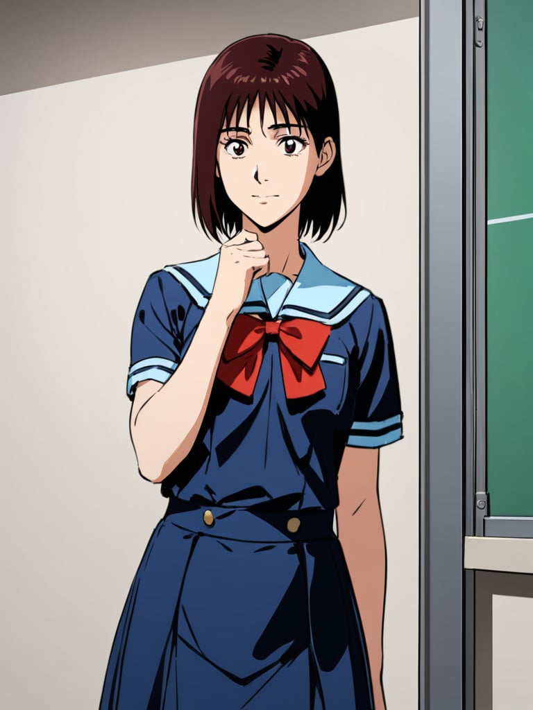 (haruk0akagi), red bow, scrunchie, ponytail, blue school uniform, leaning, classroom, cowboy shot, facing foward, masterpiece, ultra high resolution, best quality, 1080p