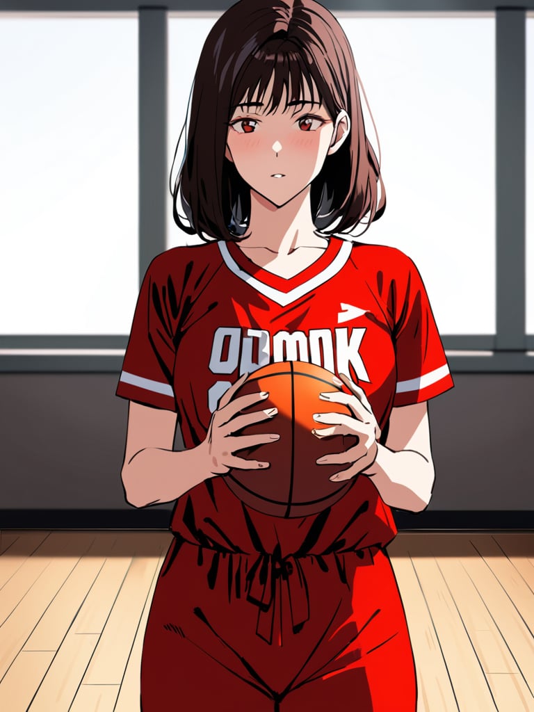 haruk0akagi, red basketball jersey, holding basketball, wood floor, gymnasium, cowboy shot, facing foward, masterpiece, ultra high resolution, best quality, 1080p