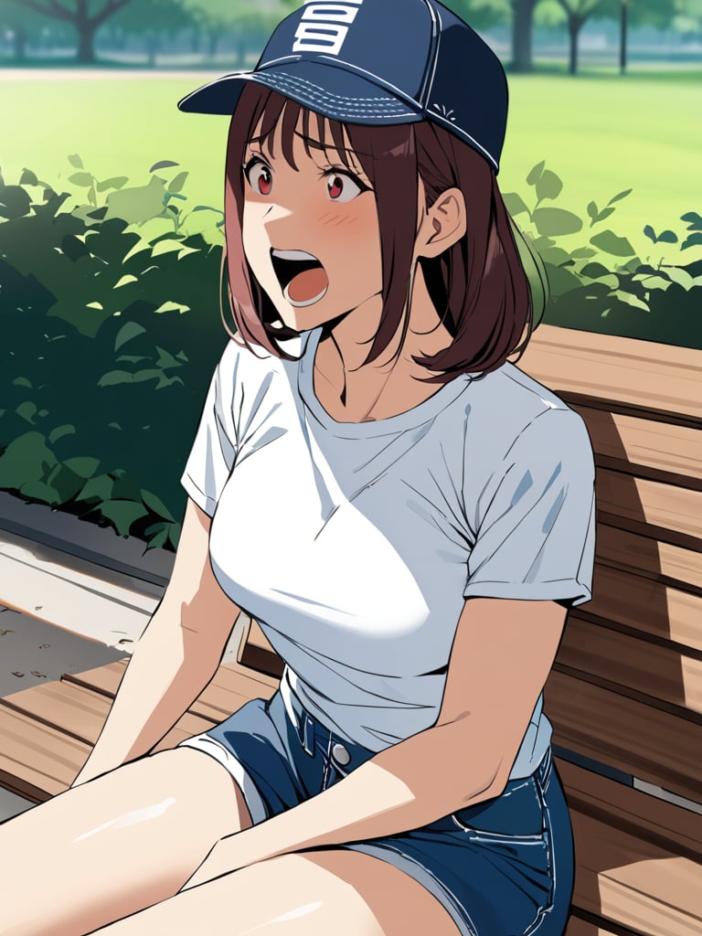 haruk0akagi, white tshirt, cap, shouting, semi side view, sitting on a bench, park, cowboy shot, facing foward, masterpiece, ultra high resolution, best quality, 1080p