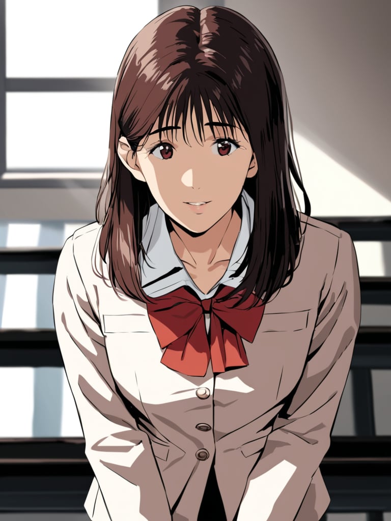 ((haruk0akagi)), red bow, school uniform, leaning, classroom, cowboy shot, facing foward, masterpiece, ultra high resolution, best quality, 1080p