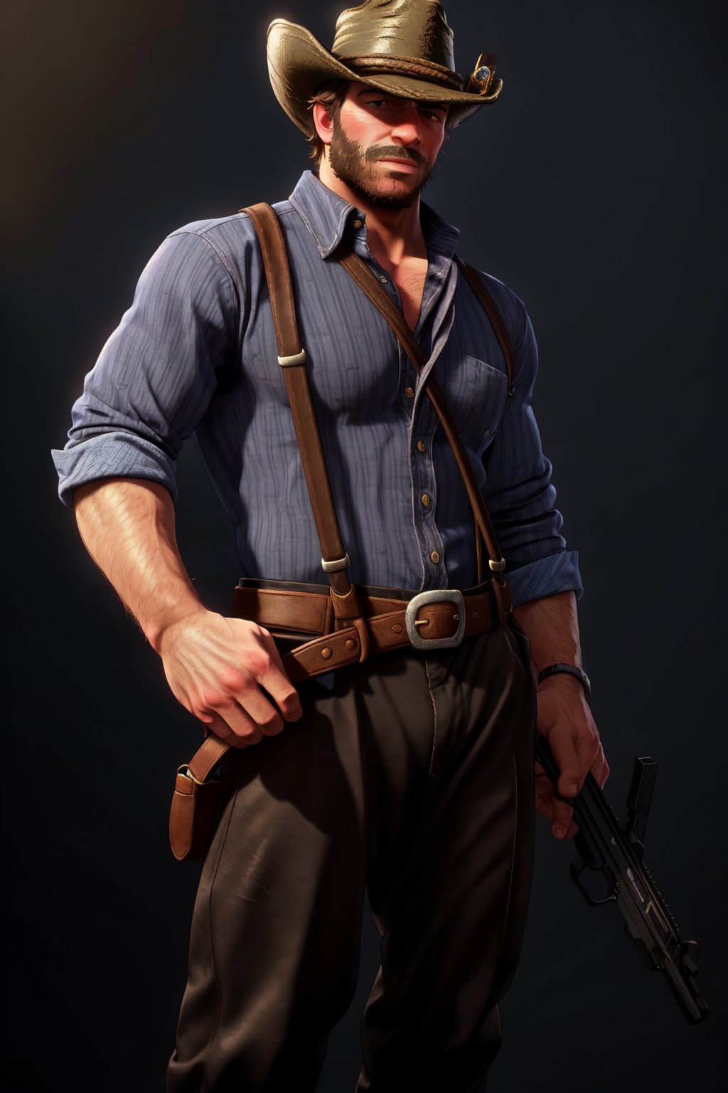 solo, looking at viewer, simple background, shirt, 1boy, hat, closed mouth, standing, weapon, male focus, collared shirt, belt, pants, black footwear, gun, black headwear, facial hair, suspenders, blue shirt, black background, beard, sleeves rolled up, mustache, brown pants, hairy arms, hairy chest, hairy legs, burly, muscular, cowboy hat, cowboy western, cowboy shot, Dutch angle, perfect anatomy, perfect proportions, best quality, masterpiece, high_resolution, dutch angle, cowboy shot, arthur_morgan, photo background, perfect hands, perfect fingers, intricate details, white_background, 
