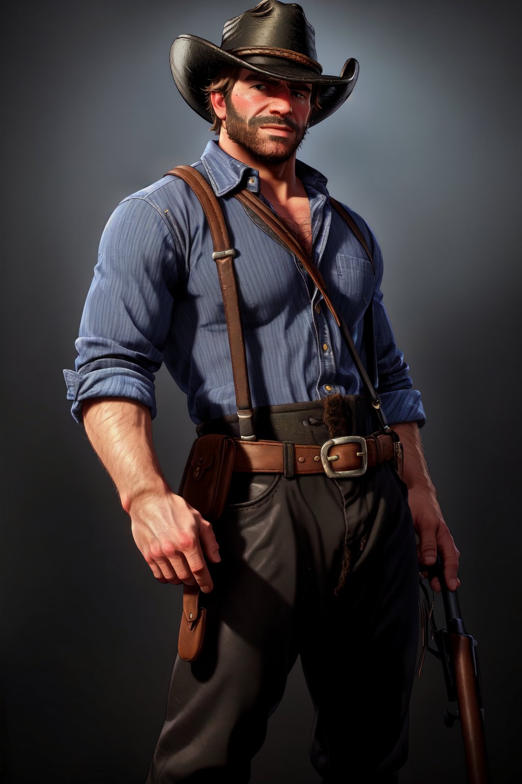 solo, looking at viewer, simple background, shirt, 1boy, hat, closed mouth, standing, weapon, male focus, collared shirt, belt, pants, black footwear, gun, black headwear, facial hair, suspenders, blue shirt, black background, beard, sleeves rolled up, mustache, brown pants, hairy arms, hairy chest, hairy legs, burly, muscular, cowboy hat, cowboy western, cowboy shot, Dutch angle, perfect anatomy, perfect proportions, best quality, masterpiece, high_resolution, dutch angle, cowboy shot, arthur_morgan, photo background, perfect hands, perfect fingers, intricate details, white_background, 