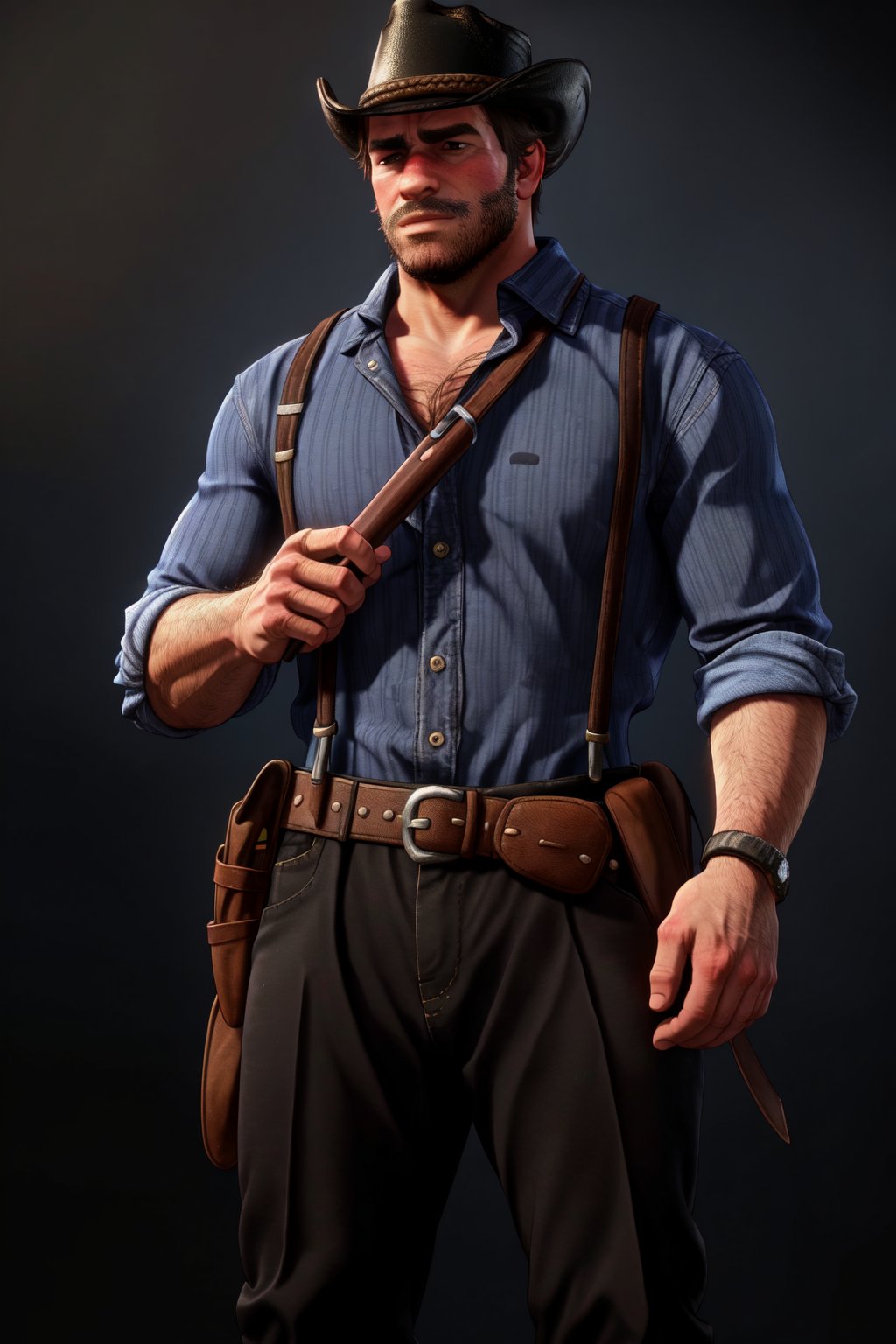 solo, looking at viewer, simple background, shirt, 1boy, hat, closed mouth, standing, weapon, male focus, collared shirt, belt, pants, black footwear, gun, black headwear, facial hair, suspenders, blue shirt, black background, beard, sleeves rolled up, mustache, brown pants, hairy arms, hairy chest, hairy legs, burly, muscular, cowboy hat, cowboy western, cowboy shot, Dutch angle, perfect anatomy, perfect proportions, best quality, masterpiece, high_resolution, dutch angle, cowboy shot, arthur_morgan, photo background, perfect hands, perfect fingers, intricate details, white_background, 