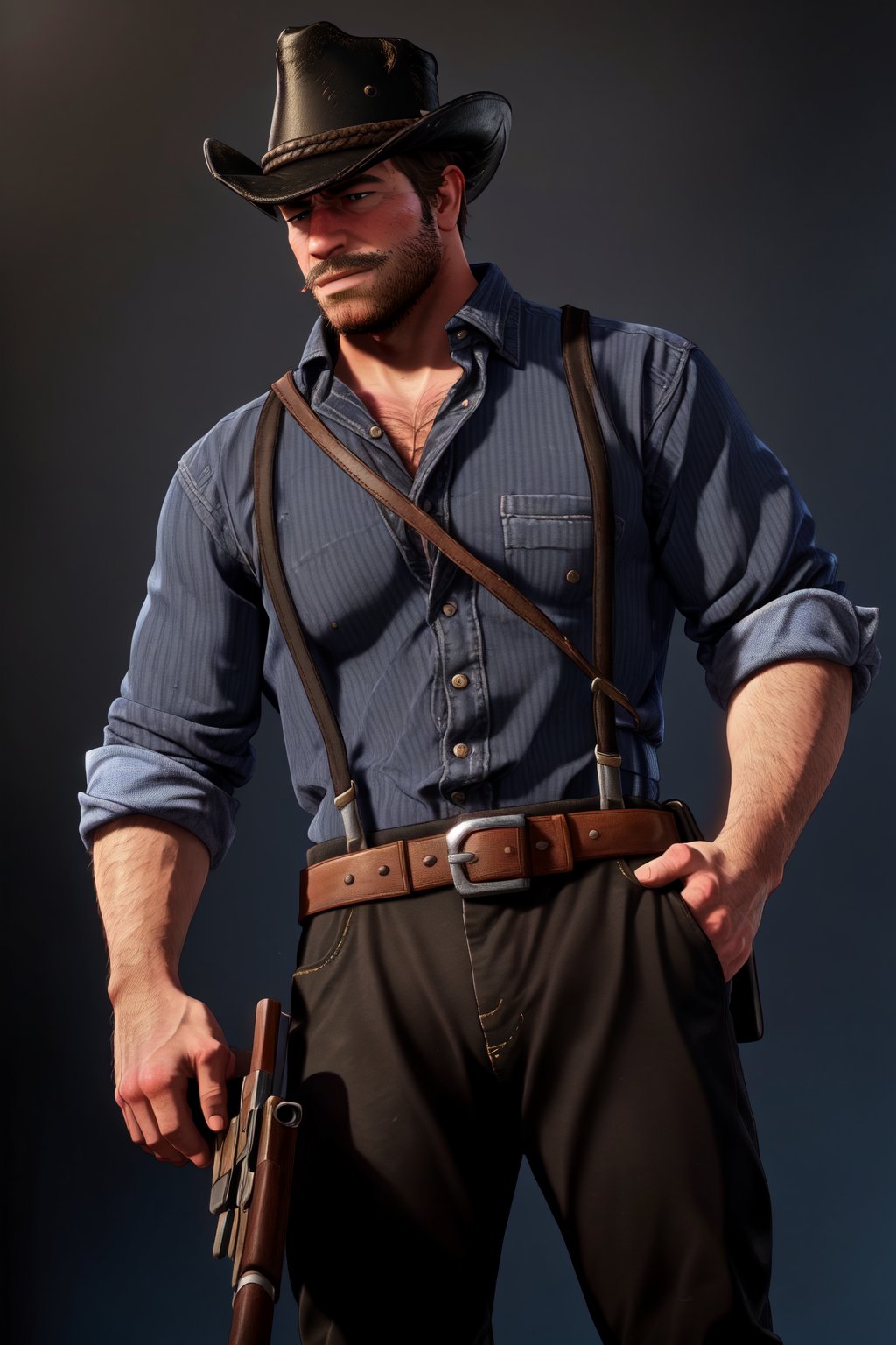 solo, looking at viewer, simple background, shirt, 1boy, hat, closed mouth, standing, weapon, male focus, collared shirt, belt, pants, black footwear, gun, black headwear, facial hair, suspenders, blue shirt, black background, beard, sleeves rolled up, mustache, brown pants, hairy arms, hairy chest, hairy legs, burly, muscular, cowboy hat, cowboy western, cowboy shot, Dutch angle, perfect anatomy, perfect proportions, best quality, masterpiece, high_resolution, dutch angle, cowboy shot, arthur_morgan, photo background, perfect hands, perfect fingers, intricate details, white_background, 