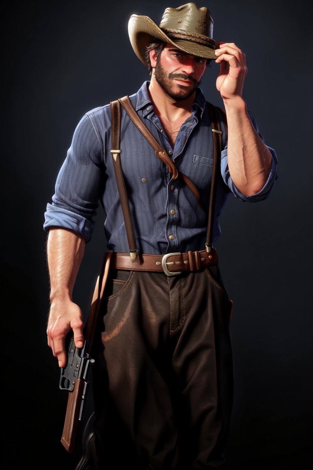 solo, looking at viewer, simple background, shirt, 1boy, hat, closed mouth, standing, weapon, male focus, collared shirt, belt, pants, black footwear, gun, black headwear, facial hair, suspenders, blue shirt, black background, beard, sleeves rolled up, mustache, brown pants, hairy arms, hairy chest, hairy legs, burly, muscular, cowboy hat, cowboy western, cowboy shot, Dutch angle, perfect anatomy, perfect proportions, best quality, masterpiece, high_resolution, dutch angle, cowboy shot, arthur_morgan, photo background, perfect hands, perfect fingers, intricate details, white_background, 