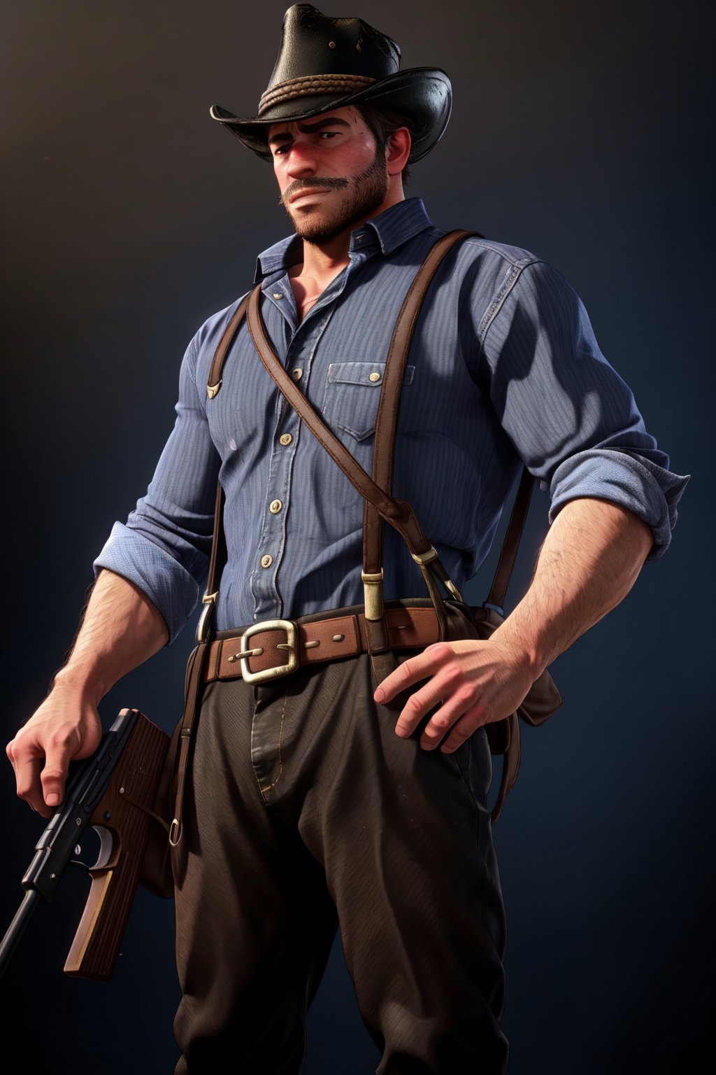 solo, looking at viewer, simple background, shirt, 1boy, hat, closed mouth, standing, weapon, male focus, collared shirt, belt, pants, black footwear, gun, black headwear, facial hair, suspenders, blue shirt, black background, beard, sleeves rolled up, mustache, brown pants, hairy arms, hairy chest, hairy legs, burly, muscular, cowboy hat, cowboy western, cowboy shot, Dutch angle, perfect anatomy, perfect proportions, best quality, masterpiece, high_resolution, dutch angle, cowboy shot, arthur_morgan, photo background, perfect hands, perfect fingers, intricate details, white_background, 