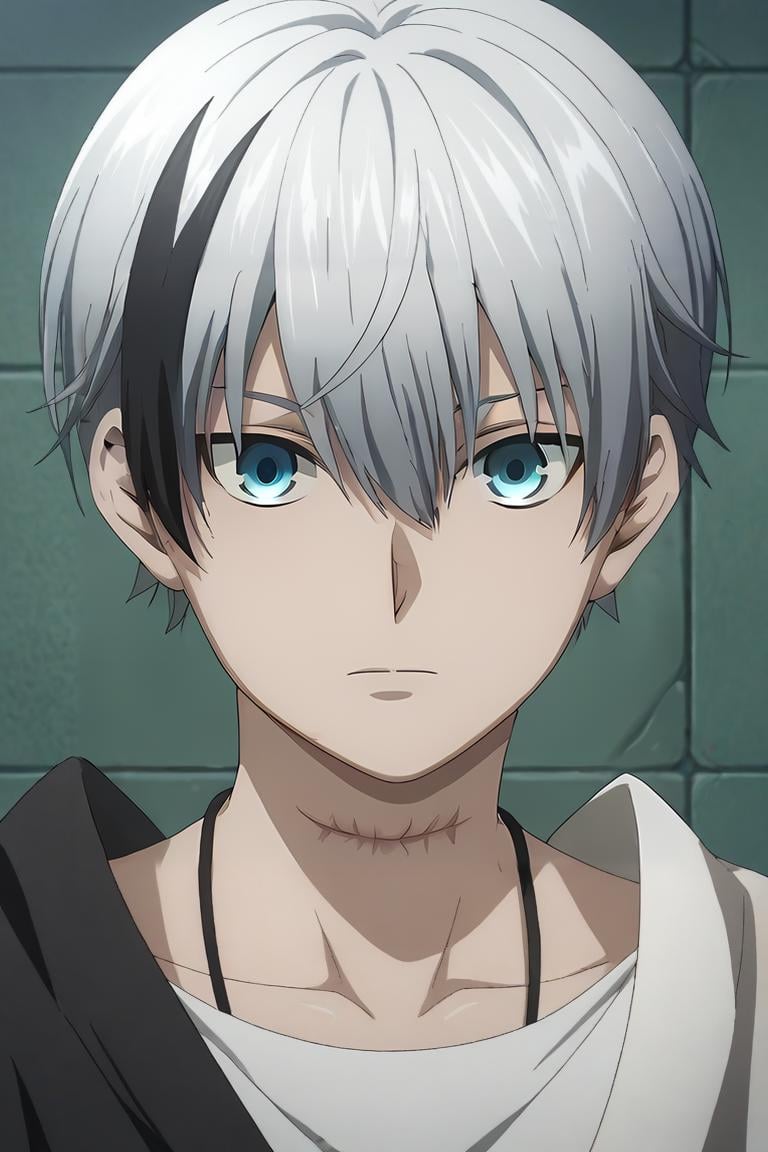 score_9, score_8_up, score_7_up, source_anime, semi-realistic, looking at viewer, , , 1boy, solo, male focus, <lora:polka_shinoyama_pony:0.98>, polka_shinoyama, grey hair, blue eyes, two-tone hair, black hair, short hair, hair between eyes, streaked hair, bangs, scar, , science fiction western, , <lora:sdxl_lightning_8step_lora:1>