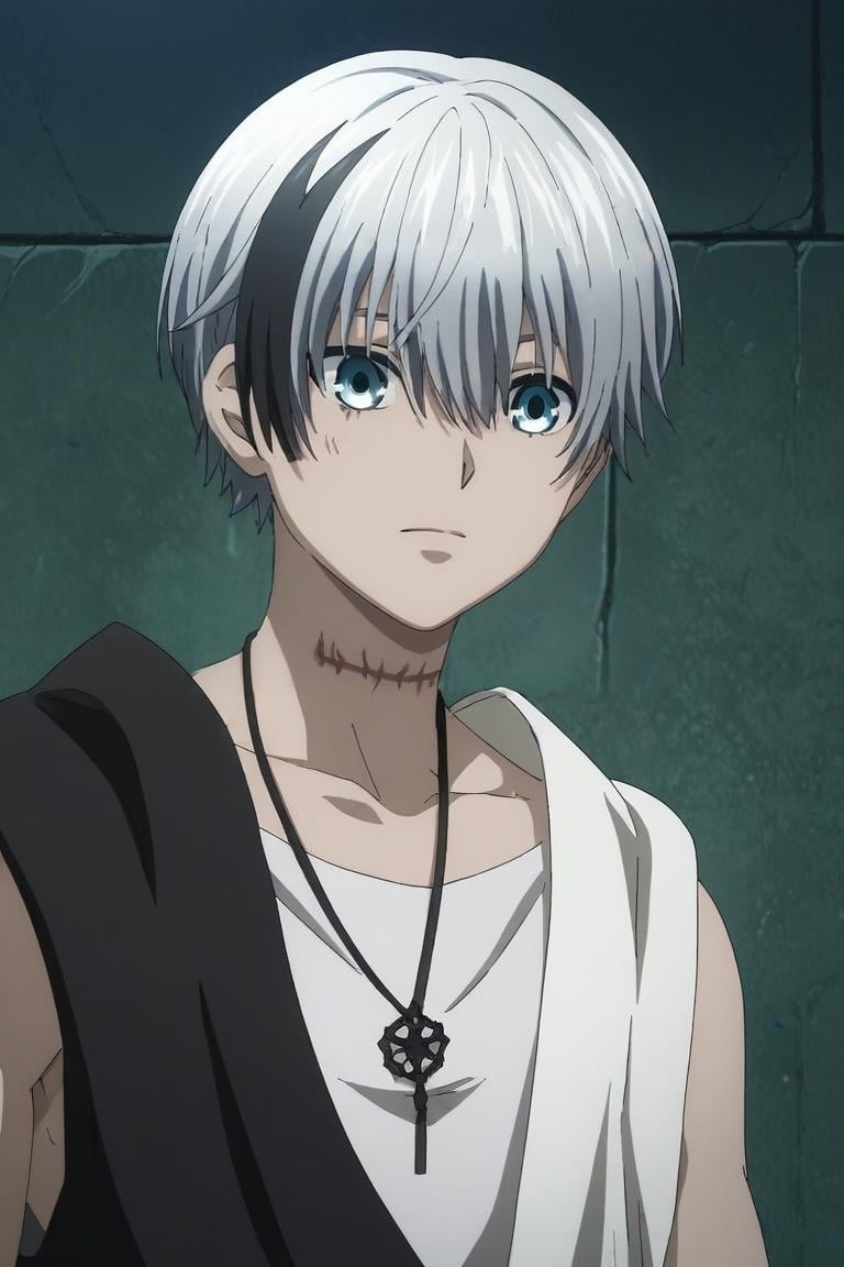 score_9, score_8_up, score_7_up, source_anime, semi-realistic, , upper body, , 1boy, solo, male focus, <lora:polka_shinoyama_pony:1>, polka_shinoyama, grey hair, blue eyes, two-tone hair, black hair, short hair, hair between eyes, streaked hair, bangs, scar, pants,, night sky, , <lora:sdxl_lightning_8step_lora:1>