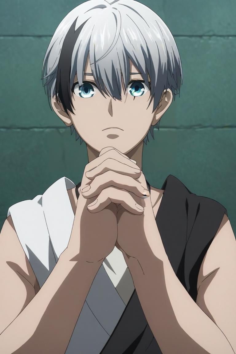 score_9, score_8_up, score_7_up, source_anime, semi-realistic, looking at viewer, upper body, , 1boy, solo, male focus, <lora:polka_shinoyama_pony:0.76>, polka_shinoyama, grey hair, blue eyes, two-tone hair, black hair, short hair, hair between eyes, streaked hair, bangs, scar, , , Hands clasped in front, showing attentiveness, <lora:sdxl_lightning_8step_lora:1>